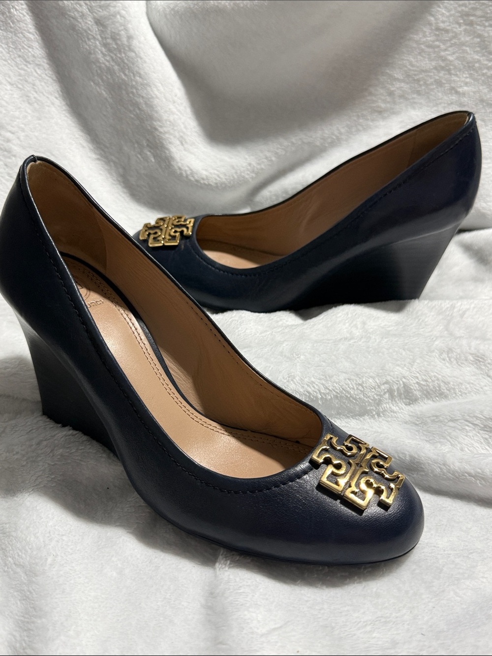 Tory Burch Navy Leather Wedge Pumps with Gold Logo